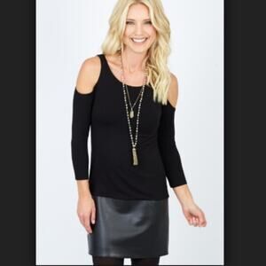 Medium Bailey 44 faux leather trim black cold shoulder drop waist mini dress